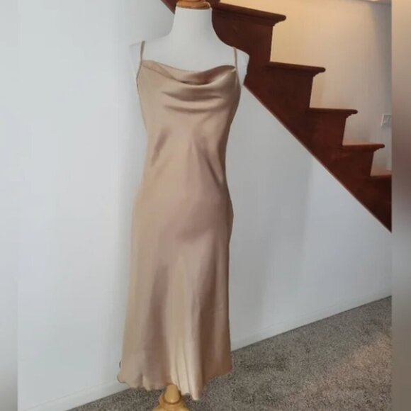Bebe satin dress drape neck cowl slip midi Size Small New Gold - Picture 1 of 6